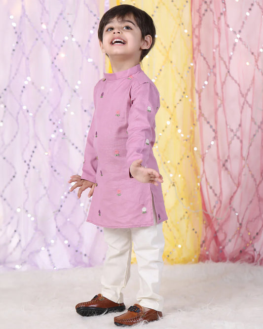Polka Tots Lavender Kurta Pajama Set-Cotton-Embroidered-For Infants