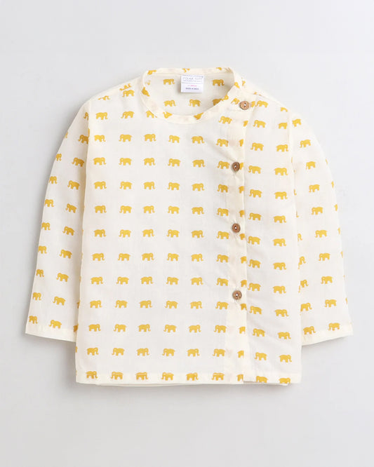 Polka Tots Off White & Yellow Kurta Dhoti Set-Cotton-Printed-For Infants