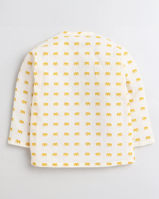 Polka Tots Off White & Yellow Kurta Dhoti Set-Cotton-Printed-For Infants