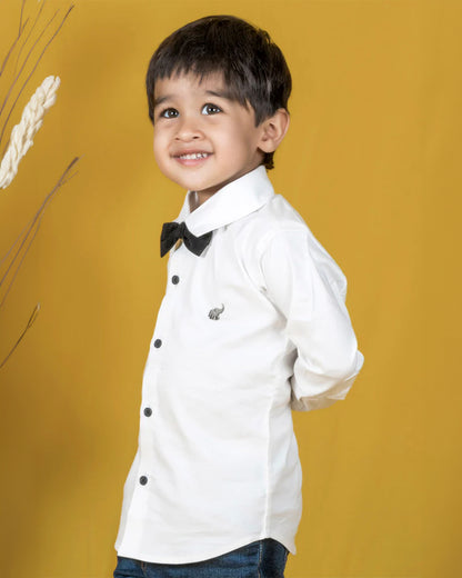 Polka Tots White Shirt with Bow-Cotton-Solid-For Infants