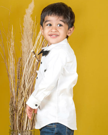 Polka Tots White Shirt with Bow-Cotton-Solid-For Infants