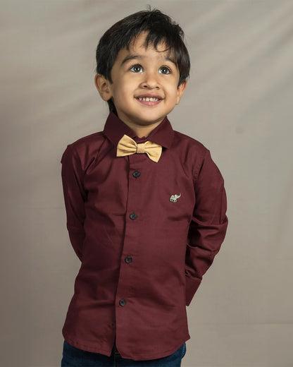 Polka Tots Maroon Shirt with Bow-Cotton-Solid-For Infants