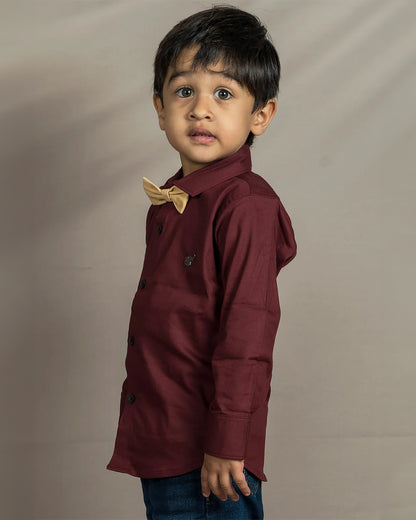 Polka Tots Maroon Shirt with Bow-Cotton-Solid-For Infants
