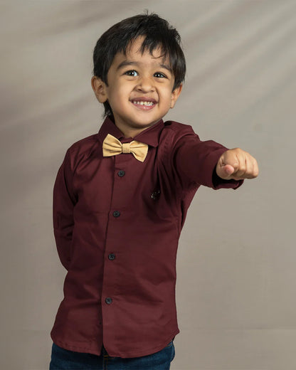 Polka Tots Maroon Shirt with Bow-Cotton-Solid-For Infants