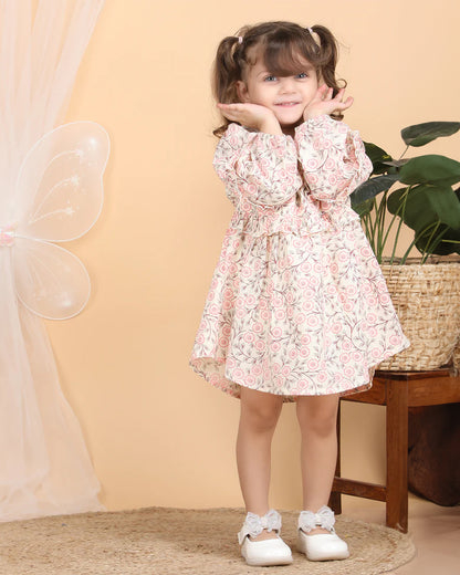 Polka Tots Pink Frock Dress-Muslin Cotton-Floral Print-For Infants