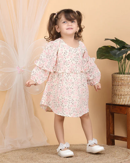 Polka Tots Pink Frock Dress-Muslin Cotton-Floral Print-For Infants