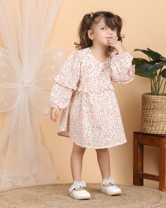 Polka Tots Pink Frock Dress-Muslin Cotton-Floral Print-For Infants