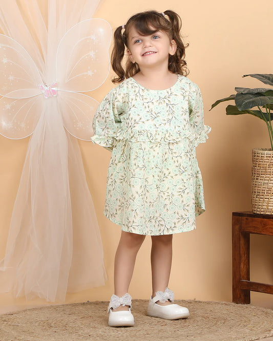 Polka Tots Cyan Green Frock Dress-Cotton Muslin-Floral Print-For Infants