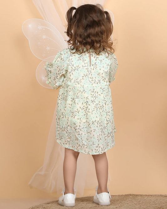 Polka Tots Cyan Green Frock Dress-Cotton Muslin-Floral Print-For Infants