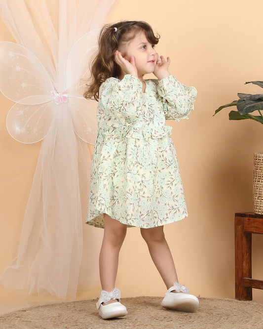 Polka Tots Cyan Green Frock Dress-Cotton Muslin-Floral Print-For Infants