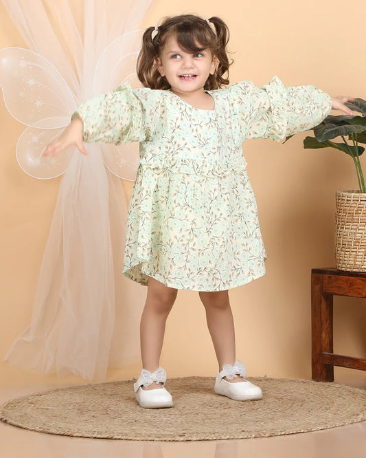 Polka Tots Cyan Green Frock Dress-Cotton Muslin-Floral Print-For Infants
