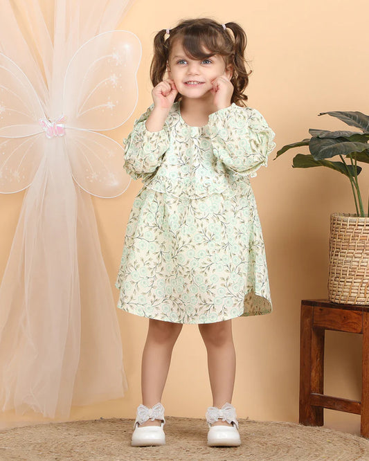 Polka Tots Cyan Green Frock Dress-Cotton Muslin-Floral Print-For Infants