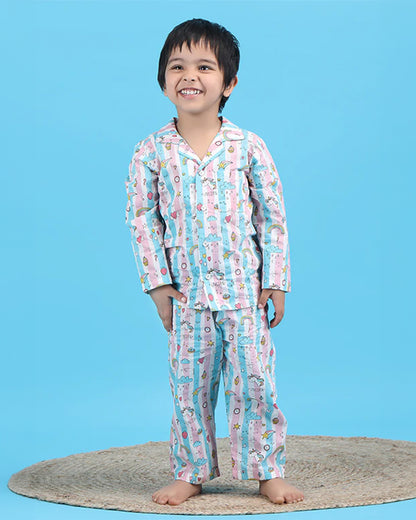 Polka Tots Pink & Blue Nightsuit-Cotton-Unicorn Print-For Infants