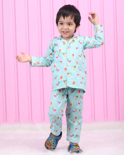 Polka Tots Light Blue Nightsuit-Cotton-Juice Print-For Infants