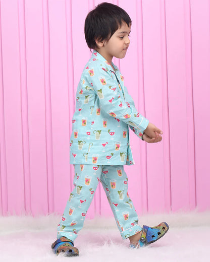 Polka Tots Light Blue Nightsuit-Cotton-Juice Print-For Infants