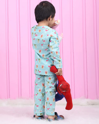 Polka Tots Light Blue Nightsuit-Cotton-Juice Print-For Infants