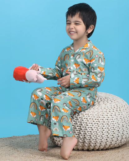 Polka Tots Sea Green Nightsuit-Cotton-Fox Print-For Infants