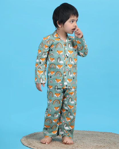 Polka Tots Sea Green Nightsuit-Cotton-Fox Print-For Infants