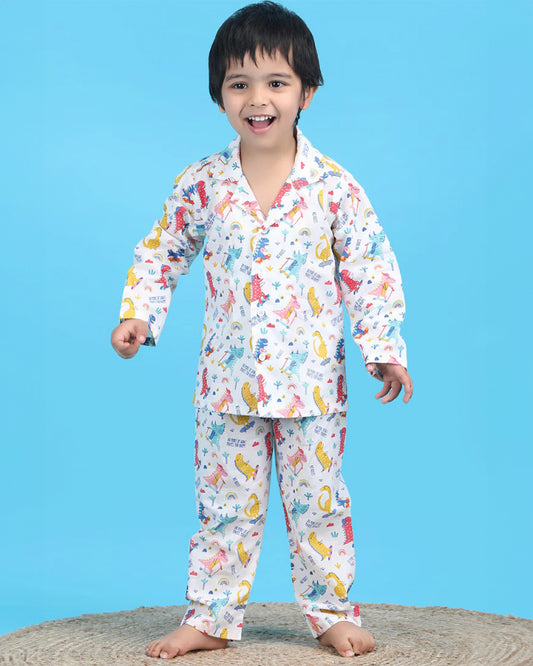 Polka Tots Multicolor Nightsuit-Cotton-Dinosaur Print-For Infants