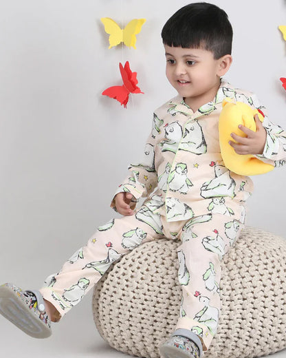 Polka Tots Peach Nightsuit-Cotton-Bear & Penguine Print-For Infants