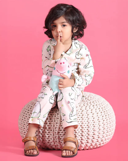 Polka Tots Peach Nightsuit-Cotton-Bear & Penguine Print-For Infants