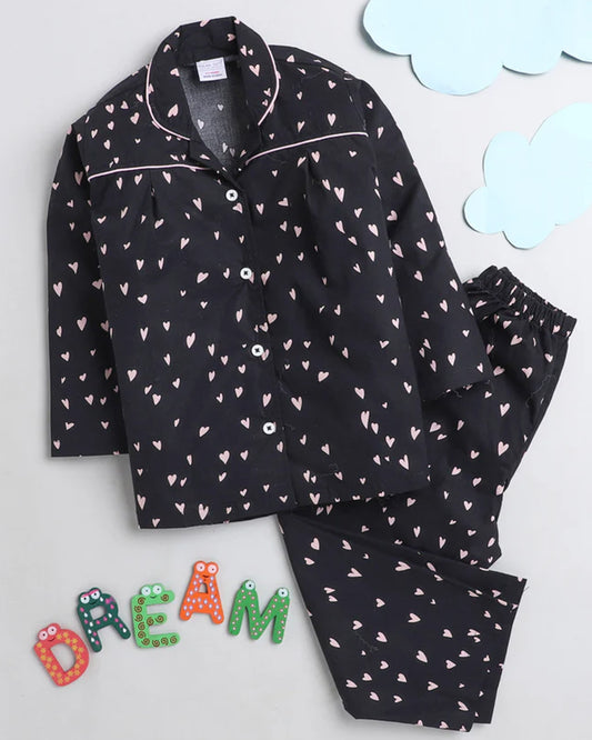 Polka Tots Black Nightsuit-Cotton-Heart Print-For Infants