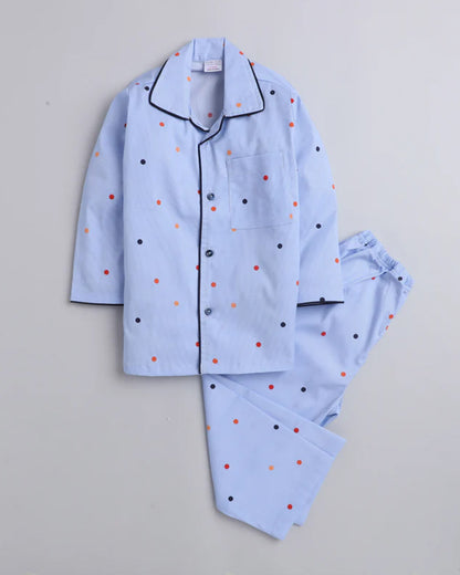 Polka Tots Blue Nightsuit-Cotton-Polka Dots Print-For Infants
