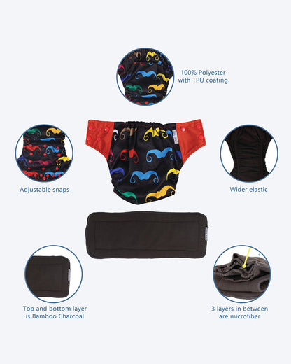 Polka Tots Mustache Bamboo Charcoal Cloth Diaper-Padded Underwear With Insert-Washable & Reusable-2 to 24M