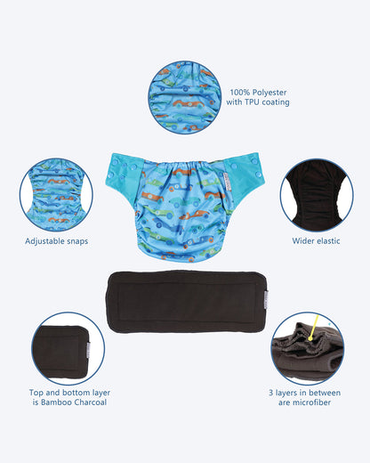 Polka Tots Multi-function Diaper Bag-Backpack With Waterproof Silicone Bib (Adjustable Snap Buttons-Blue), Full Sleeves Waterproof Washable Apron Feeding Bib (Baseball) & Bamboo Charcoal Cloth Diaper With Insert (Cars-2 to 24M)