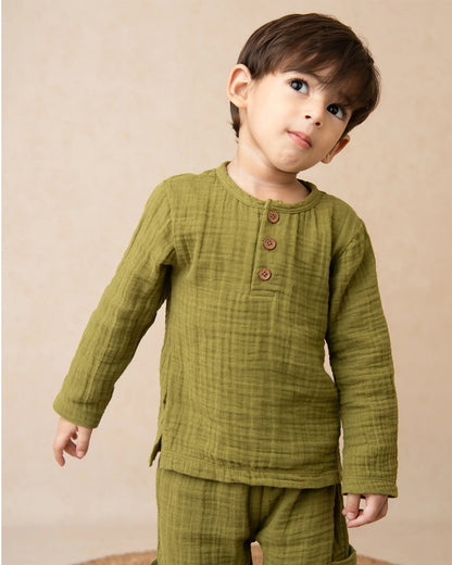 Cot & Candy Olive Shirt & Jogger Set-Organic Muslin-Solid-For Infants