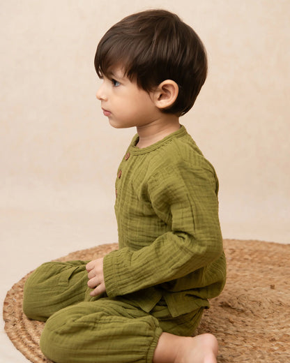 Cot & Candy Olive Shirt & Jogger Set-Organic Muslin-Solid-For Infants