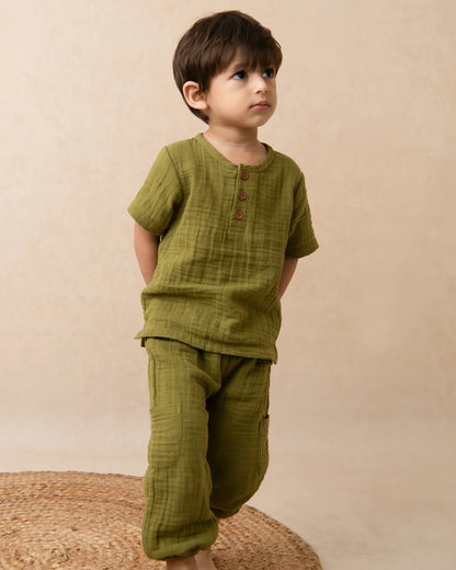 Cot & Candy Olive Shirt & Jogger Set-Organic Muslin-Solid-For Infants