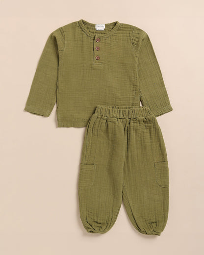 Cot & Candy Olive Shirt & Jogger Set-Organic Muslin-Solid-For Infants