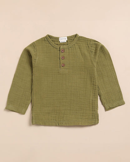 Cot & Candy Olive Shirt & Jogger Set-Organic Muslin-Solid-For Infants