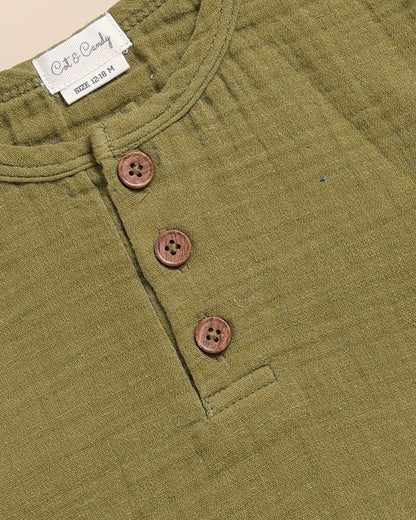 Cot & Candy Olive Shirt & Jogger Set-Organic Muslin-Solid-For Infants