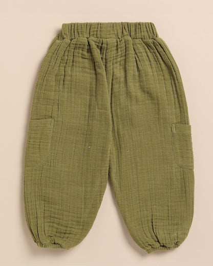 Cot & Candy Olive Shirt & Jogger Set-Organic Muslin-Solid-For Infants