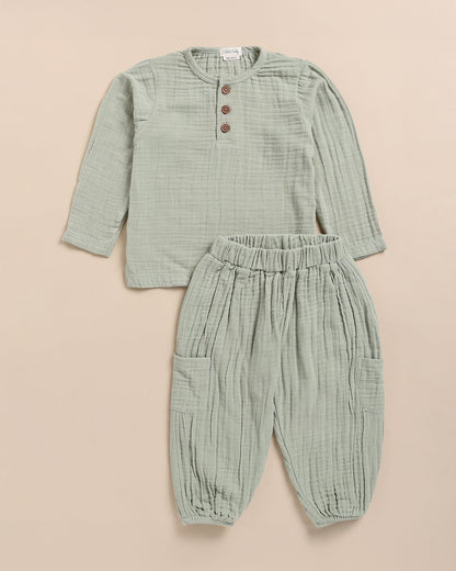 Cot & Candy Sage Shirt & Jogger Set-Organic Muslin-Solid-For Infants