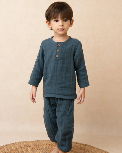Cot & Candy Navy Blue Shirt & Jogger Set-Organic Muslin-Solid-For Infants