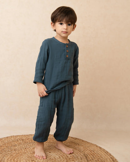 Cot & Candy Navy Blue Shirt & Jogger Set-Organic Muslin-Solid-For Infants