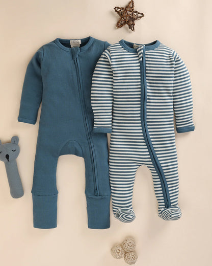 Cot & Candy Teal Sleepsuits-GOTS Certified Organic Cotton-Striped-Pack Of 2-For Infants