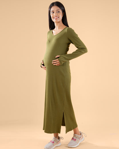 Wobbly Walk Forest Green Maternity Dress-V Neck-Solid Color-Cotton-Bump Friendly