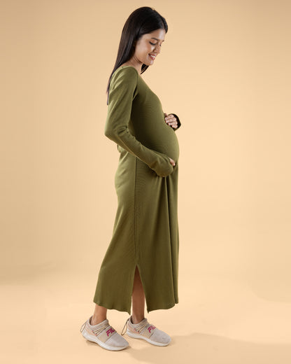 Wobbly Walk Forest Green Maternity Dress-V Neck-Solid Color-Cotton-Bump Friendly