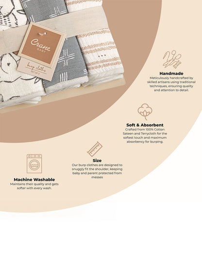 Crane Baby Burp Cloth Set-With Soft Muslin Front & Terry Back-Super Absorbent-Lightweight & Hypoallergenic-Ezra-Pack of 3-For Infants