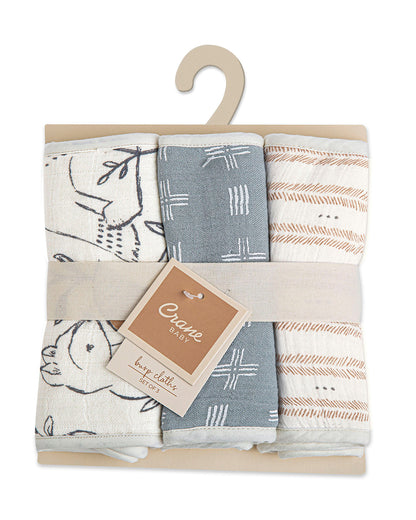 Crane Baby Burp Cloth Set-With Soft Muslin Front & Terry Back-Super Absorbent-Lightweight & Hypoallergenic-Ezra-Pack of 3-For Infants