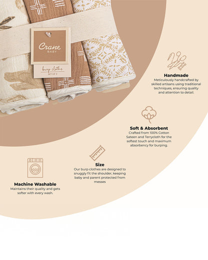 Crane Baby Burp Cloth Set-With Soft Muslin Front & Terry Back-Super Absorbent-Lightweight & Hypoallergenic-Kendi-Pack of 3-For Infants