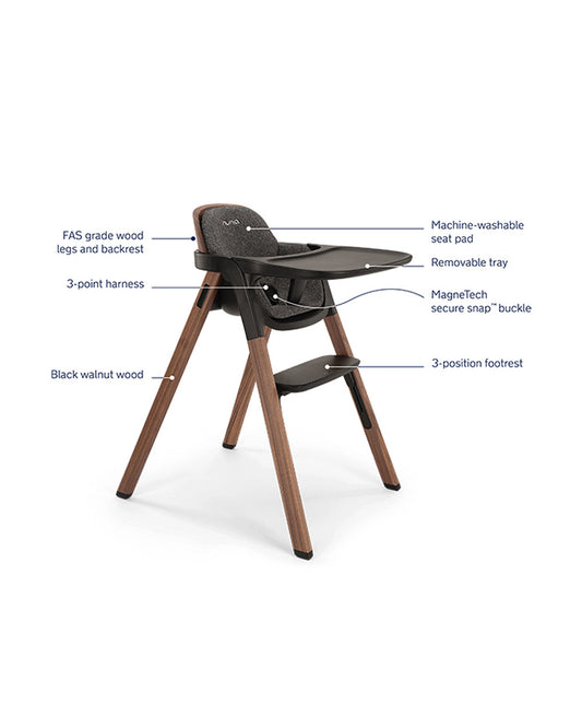 Nuna Bryn Baby High Chair-With Removable Seat Pad & Child Tray-Tool Free Assembly-Made From Premium Black Walnut & Maple Woods-For 6M+ (Upto 100 Kg)-Sanderson