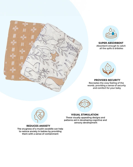 Crane Baby Ezra Swaddles-100% Cotton Muslin-Copper Dash & Woodland Print-Pack of 2-Infant Wraps