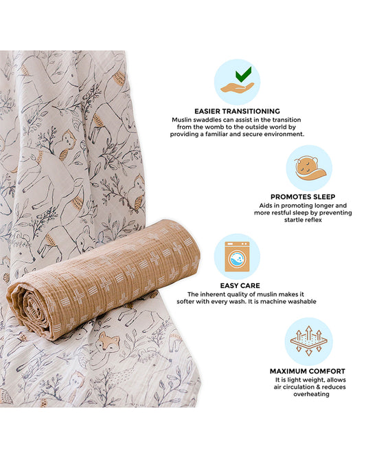 Crane Baby Ezra Swaddles-100% Cotton Muslin-Copper Dash & Woodland Print-Pack of 2-Infant Wraps