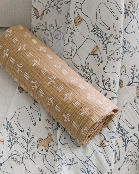 Crane Baby Ezra Swaddles-100% Cotton Muslin-Copper Dash & Woodland Print-Pack of 2-Infant Wraps