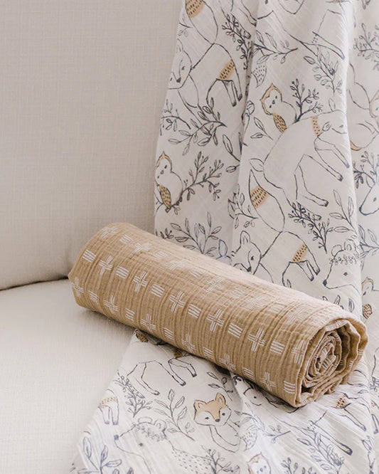 Crane Baby Ezra Swaddles-100% Cotton Muslin-Copper Dash & Woodland Print-Pack of 2-Infant Wraps